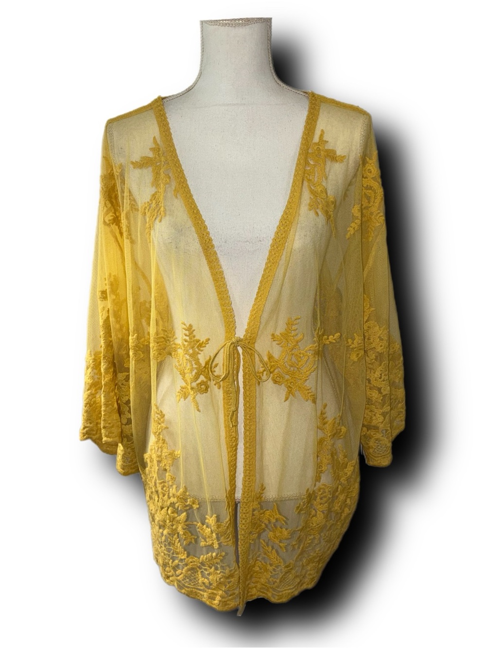 Anthropologie Entro Sheer Mustard Yellow Embroidered Lace Kimono Boho Cover-Up